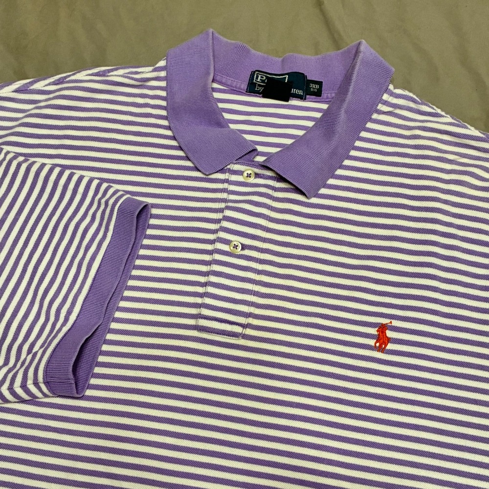 Polo Ralph Lauren Mens 3XB Purple White Striped Short Sleeve Pique Polo Shirt